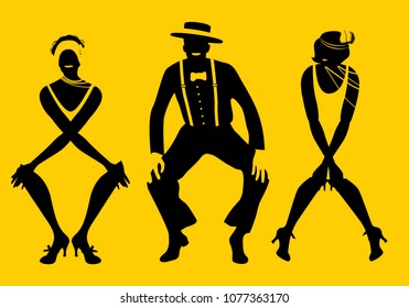 Two flapper girls and one man dancing Charleston. Vector Illustration