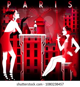 Two flapper girls in the restaurant  overlooking Paris at night. Travel or retro party invitation card. Handmade drawing vector illustration. Art Deco style.