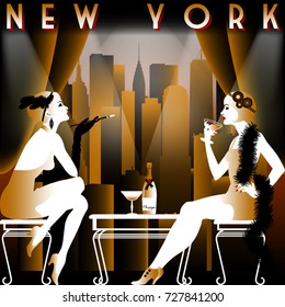 Two flapper girls in the restaurant with views of the skyscrapers of new York. Travel or retro party invitation card. Handmade drawing vector illustration. Art Deco style.