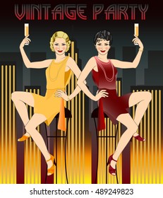 Two flapper girls. Retro party invitation design. Vector illustration. Art deco style