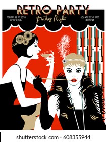 Two Flapper girls. Retro Party invitation card. Handmade drawing vector illustration. Art Deco style