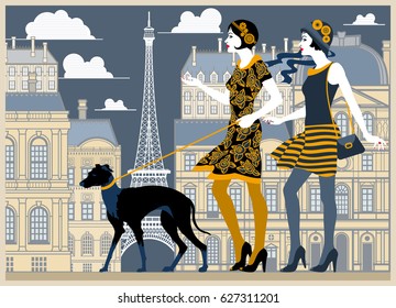 Two flapper girls walking with a dog in the center of Paris. Handmade drawing vector illustration. Retro style.