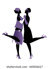 Two flappers girls wearing 1920s clothes dancing Charleston. Vector Illustration