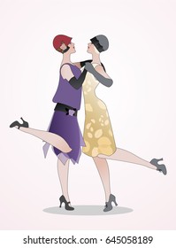 Two flappers girls wearing 1920s clothes dancing Charleston. Vector Illustration