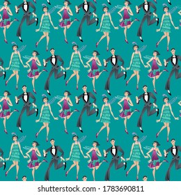 Two flappers and a man dancing Charleston. Seamless background pattern. Vector illustration