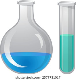 two flasks with blue and green liquid