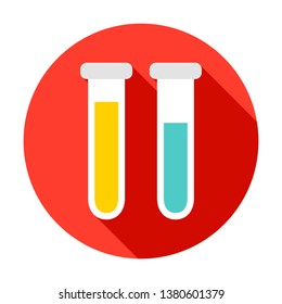 Two Flasks Circle Icon. Vector Illustration with Long Shadow. Chemistry Item.