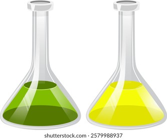 two flasks with green and yellow liquid without background