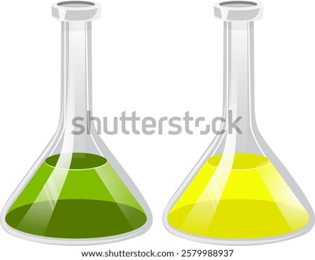 two flasks with green and yellow liquid without background