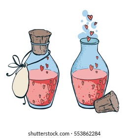 Two flasks with hearts icon in hand drawn style. Love elixir. Vector illustration.