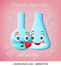 Two flasks with kissing faces (emoticons) and text Every kiss begins with chemistry. World kiss day greeting card template. Cartoon vector illustration.