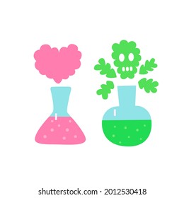Two flasks, pink with heart-shaped smoke and green with skull-shaped smoke Conceptual illustration about death and love.