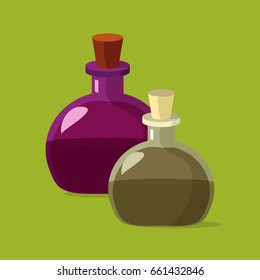 Two flasks of potion. Cartoon flat illustration of alchemist or magic beakers of potion, perfume or poison. Great as halloween or medieval game design element. Luxury Perfume Bottle. 