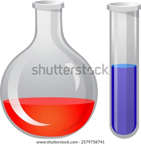 two flasks with red and blue liquid