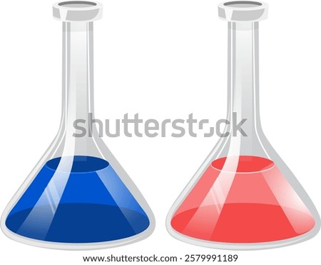 two flasks with red and blue liquid without background