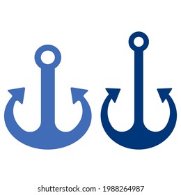 Dos anclajes de color azul plano aislados en la ilustración vectorial de fondo blanco. Parar diferentes anclas clásicas con anillos y vectores de canillas de púas