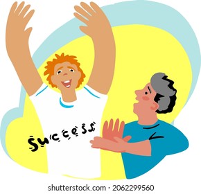 Two flat cartoon characters, one applauding the other for his success.
