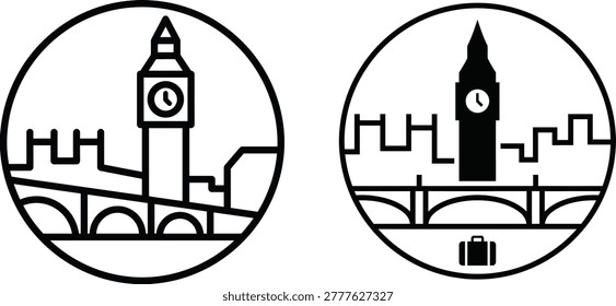 Two flat, circular icons depicting Big Ben and the London skyline in black lines, set against a white background.