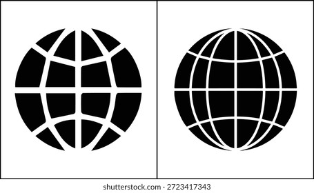 Dos siluetas planas del globo del diseño que muestran líneas de la latitud y de la longitud, que simbolizan acceso mundial a Internet, geografía, y conceptos de comunicación internacional
