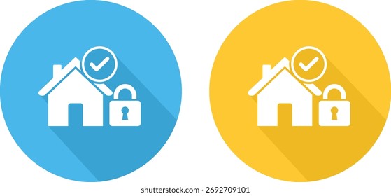 Zwei flache Design-Symbole eines Hauses mit Schloss und Häusersicherheit