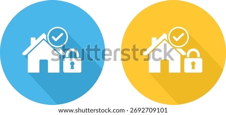 Two flat design icons of a house with lock and checkmark home security