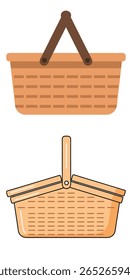 Two flat design illustrations of a wicker picnic basket. One basket is shown from the side with a handle, and the other is shown from a slightly elevated perspective with a lid.