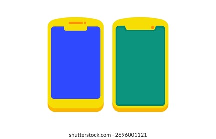 Two flat design smartphones (yellow and green) showing different screen layouts. Ideal graphics for technology, apps, mobile services, and digital display concepts.
