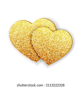 Two flat Glitter hearts. Happy Valentines day card design. Golden sparkle heart shapes. Symbol of love, care, togetherness. Vector illustration isolated on white background.