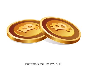Two flat gold bitcoin coins side by side on white background with simple cryptocurrency symbol