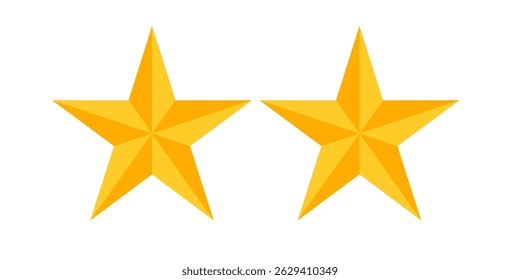 “Conjunto de dos estrellas doradas planas con cinco puntos simétricos, aisladas sobre fondo blanco. Icono de Vector limpio perfecto para sistemas de calificación, reseñas de usuarios, insignias de logros, clasificación de calidad.