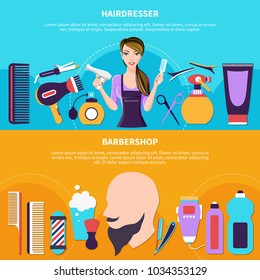 Two flat horizontal and colored hairdresser colored banner set hairdresser and barbershop headlines vector illustration