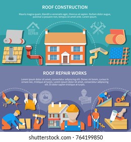 Two Flat And Horizontal Roofer Banner Set With Roof Construction And Repair Works Headlines Vector Illustration