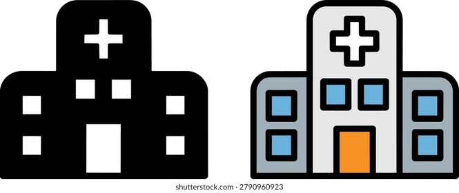 Two flat icon illustrations of a hospital building. One is in solid black, and the other is colored with gray, blue, and orange accents.