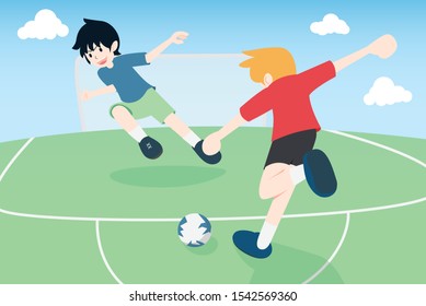 Two Flat Man Cartoon are Playing Football. Red man are shooting and blue man are defending. 