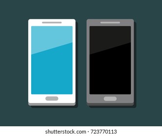 Two flat modern phones with empty screen. White and gray.  Vector illustration.