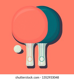 Two flat ping pong rackets with ball. Table tennis sport equipment vector illustration for table tennis day.