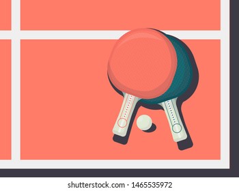 Two flat ping pong rackets with ball. Table tennis equipment vector illustration.