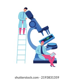 Two flat scientists working with microscope in science laboratory vector illustration