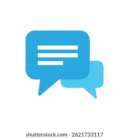 Two flat, sky blue speech bubbles overlap on White. One contains white lines. Design is clean and minimalist.