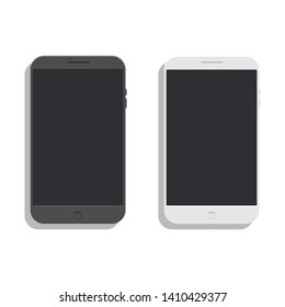 Two flat smartphones. Modern mobile gadget for wireless internet and communication. Black and white devices.