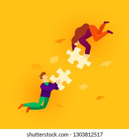 Two flat style cartoon people connecting puzzle elements. Business, teamwork and partnership concept. Vector illustration