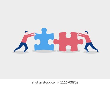 Two flat style people connecting puzzle elements. Business, teamwork and partnership concept. Vector illustration