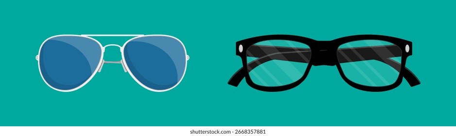 Two flat style sets of vector glasses. Sunglasses and prescription eyewear icon collection for fashion or vision accessory concept.