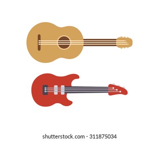 Two flat stylized guitars: classic acoustic and modern electric. Simple cartoon vector illustration of musical instruments.