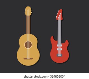 Two flat stylized guitars: classic acoustic and modern electric. Simple cartoon vector illustration of musical instruments.
