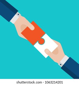 Two Flat vector Businessmen Hands Holding Pieces of Puzzles  and Putting Them Together. Teamwork, Cooperation, Business, Solution, Work concept. Flat Design Style, Vector Illustration