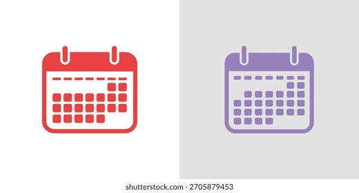 Dos iconos planos de calendario de Vector en rojo y púrpura, colocados sobre fondos blancos y grises que muestran fechas y eventos.