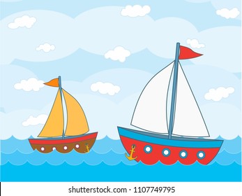 Two Flat Vector Sail Boats on the Sea with Cloudy Background