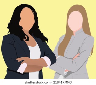 Two flat women office friends in yellow background vector illustration. Wearing black and gray court. They have black and brown hair. 