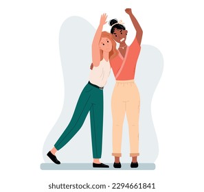 Two flat young angry protesting women. Cartoon couple hugging girls at social rally. Defending the rights of women or LGBT people.